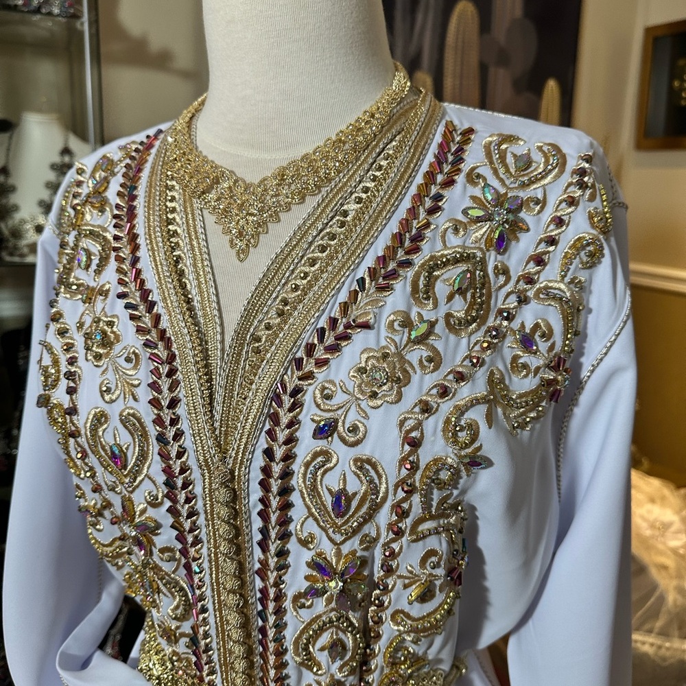 Exquisite White Wedding Dress with Gold and Purple Detailing